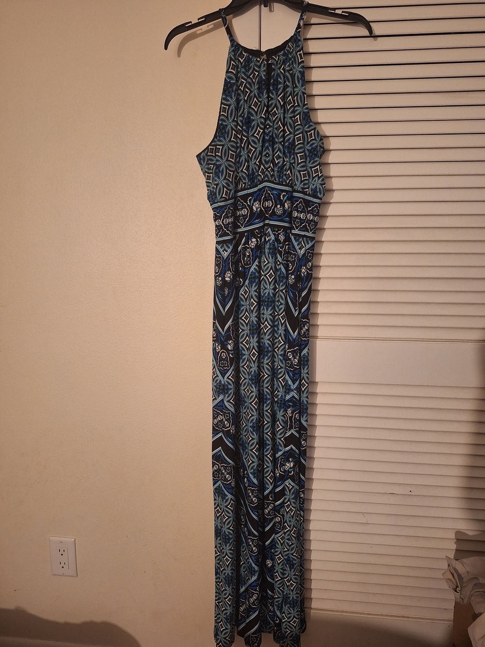Blue Geometric Halter Maxi Dress with Waistband